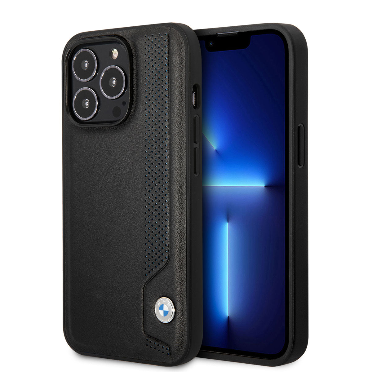 Apple iPhone 14 Pro Max Kılıf BMW Deri Mavi Noktalı Dizayn Kapak Siyah