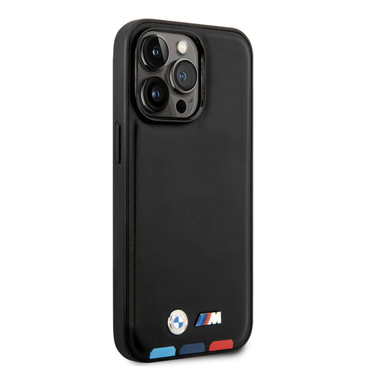 Apple iPhone 14 Pro Max Kılıf BMW M-safe Şarj Özellikli PU Deri 3 Renkli Logolu Dizayn Kapak Siyah