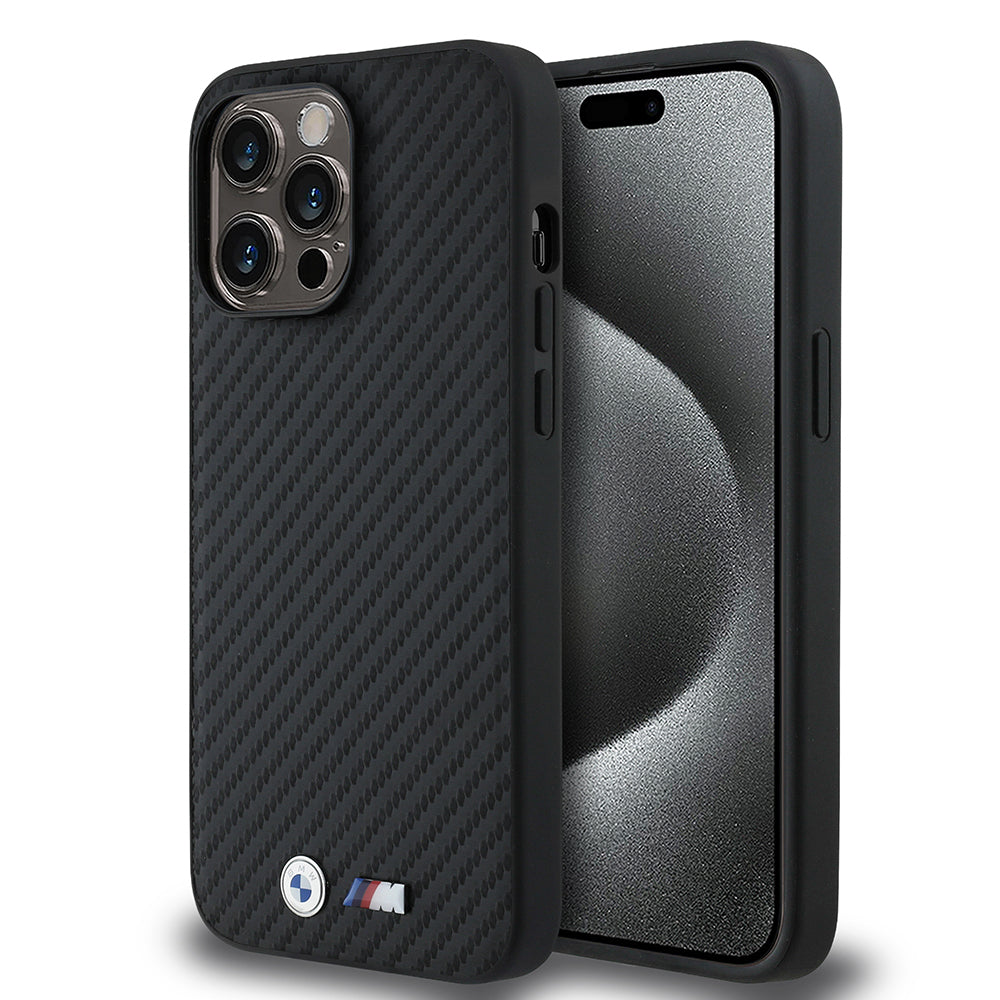 Apple iPhone 14 Pro Max Kılıf BMW Orjinal Lisanslı Karbon Fiber Tasarımlı ve Metal Logolu PU Deri Kapak