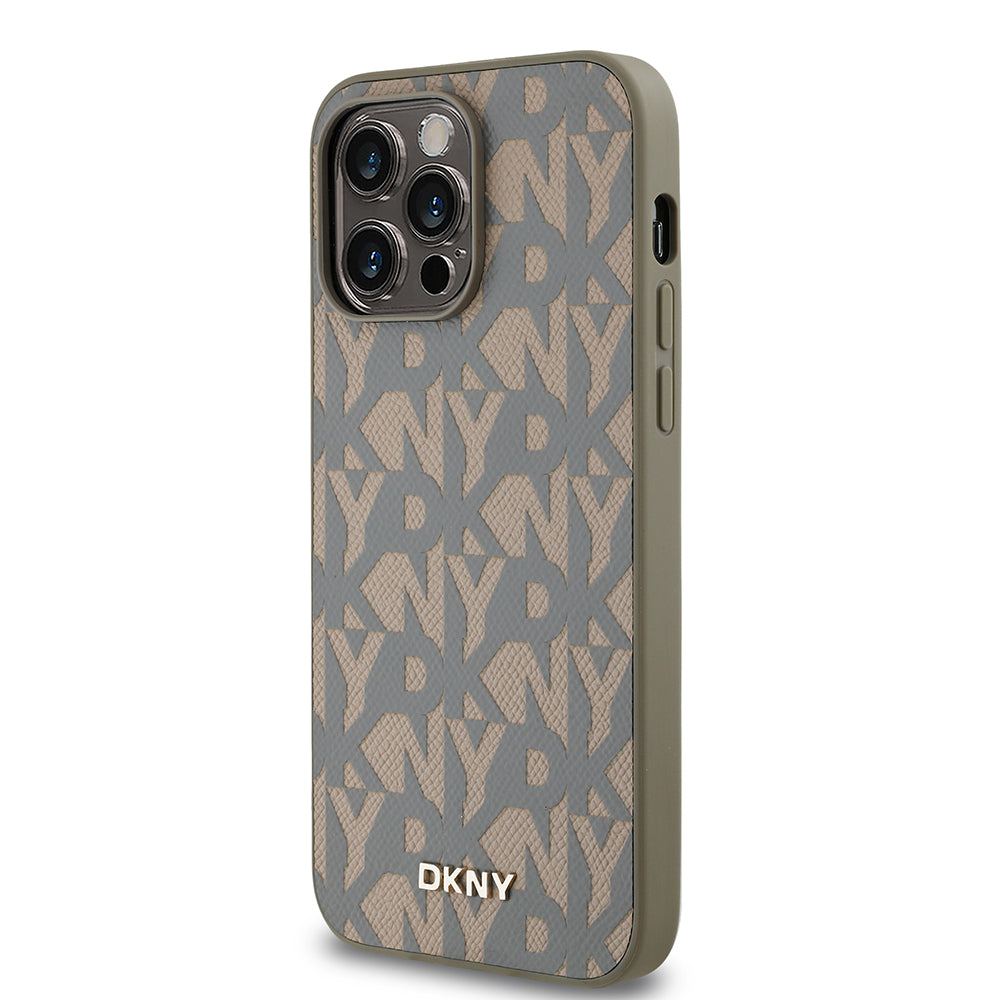 Apple iPhone 14 Pro Max Kılıf DKNY Orjinal Lisanslı M-safe Şarj Özellikli 3D Yazılı Grid Pattern Kapak Gri