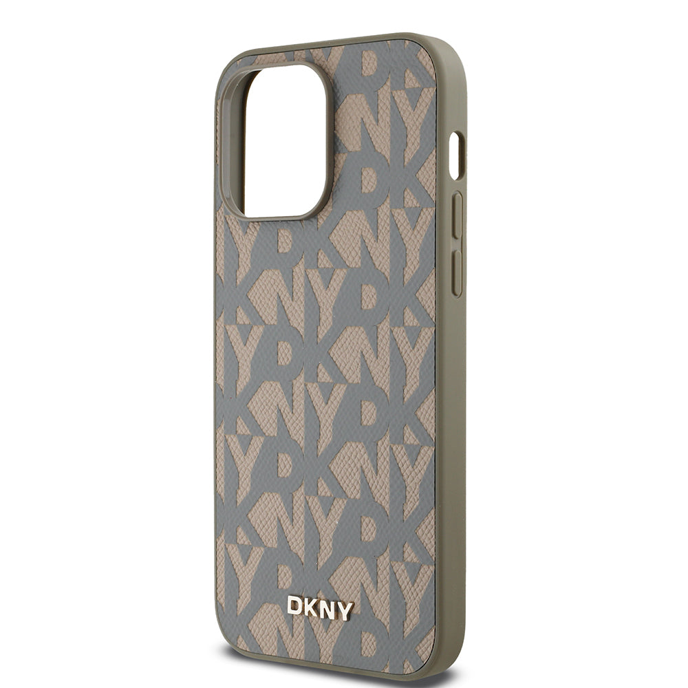 Apple iPhone 14 Pro Max Kılıf DKNY Orjinal Lisanslı M-safe Şarj Özellikli 3D Yazılı Grid Pattern Kapak Gri