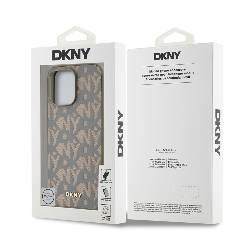 Apple iPhone 14 Pro Max Kılıf DKNY Orjinal Lisanslı M-safe Şarj Özellikli 3D Yazılı Grid Pattern Kapak Gri