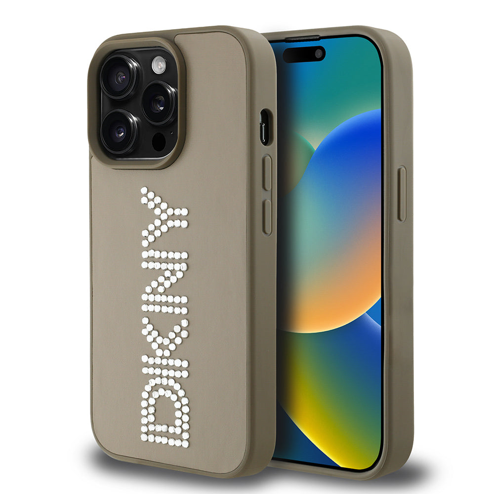 Apple iPhone 14 Pro Max Kılıf DKNY Orjinal Lisanslı Taşlı DKNY Yazılı Metalik Rhinestones PU Deri Kapak Kahverengi