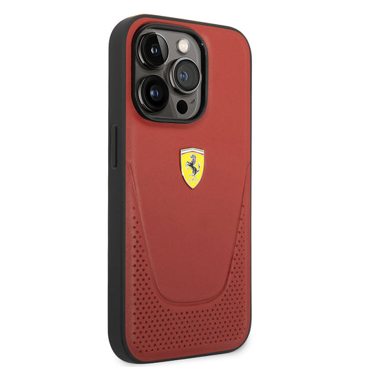 Apple iPhone 14 Pro Max Kılıf Ferrari Deri Delikli Dizayn Kapak Kırmızı
