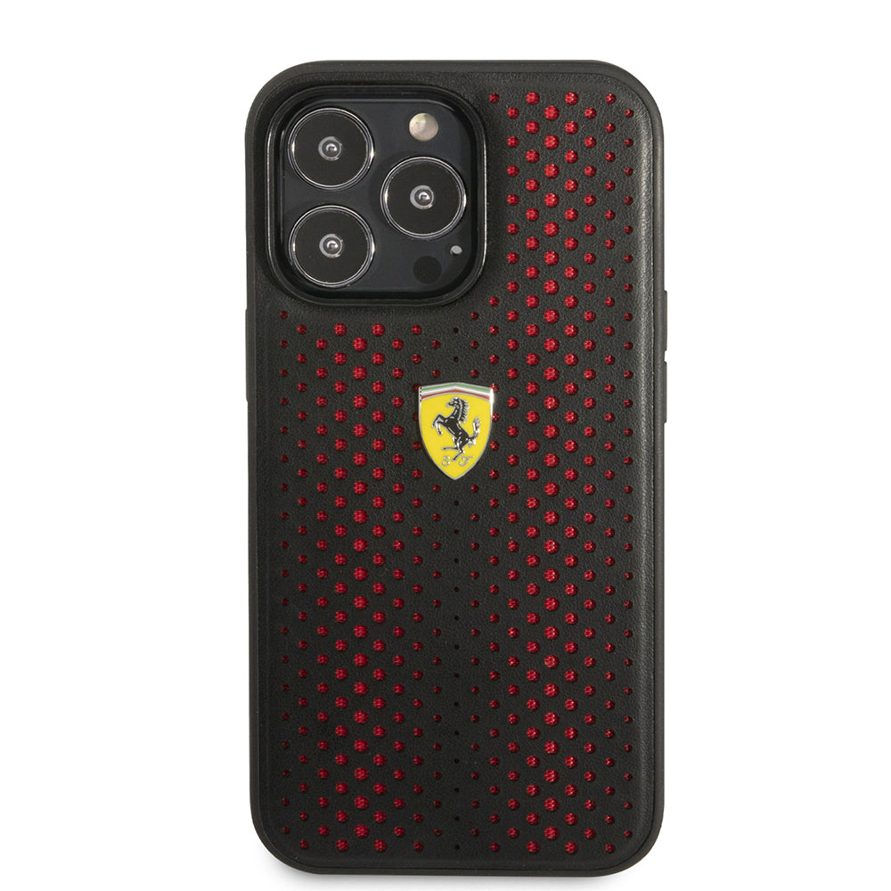 Apple iPhone 14 Pro Max Kılıf Ferrari Deri Sarı Noktalı Dizayn Kapak Kırmızı