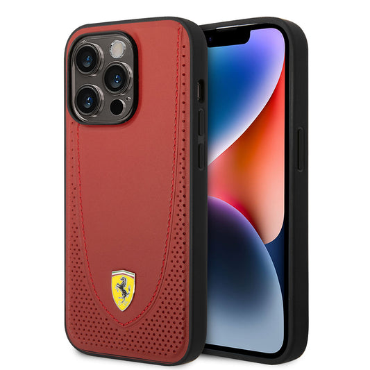 Apple iPhone 14 Pro Max Kılıf Ferrari M-safe Şarj Özellikli Deri Delikli Dikişli Dizayn Kapak Kırmızı