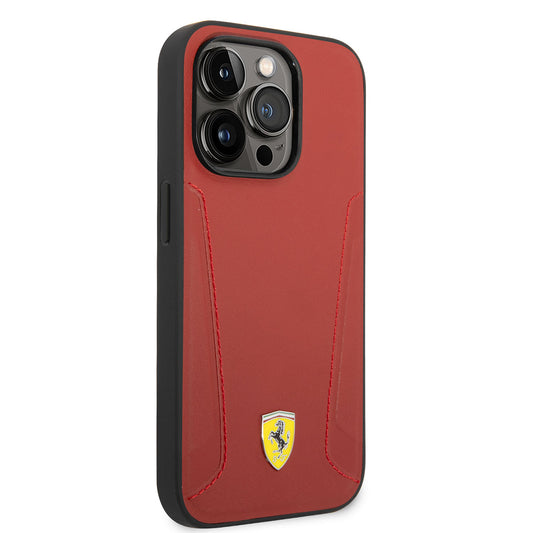 Apple iPhone 14 Pro Max Kılıf Ferrari M-safe Şarj Özellikli Deri Kenarları Damgalı Dizayn Kapak Kırmızı