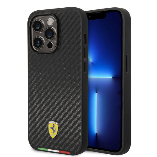 Apple iPhone 14 Pro Max Kılıf Ferrari M-safe Şarj Özellikli Karbon İtalyan Bayrak Dizayn Kapak Siyah