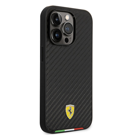 Apple iPhone 14 Pro Max Kılıf Ferrari M-safe Şarj Özellikli Karbon İtalyan Bayrak Dizayn Kapak Siyah