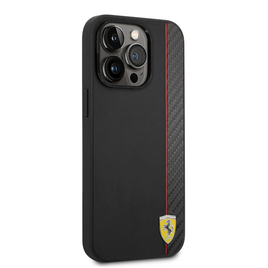 Apple iPhone 14 Pro Max Kılıf Ferrari M-safe Şarj Özellikli Pu Deri Ve Karbon Şeritli Dizayn Kapak Siyah