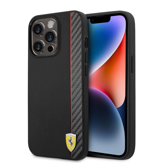 Apple iPhone 14 Pro Max Kılıf Ferrari M-safe Şarj Özellikli Pu Deri Ve Karbon Şeritli Dizayn Kapak Siyah