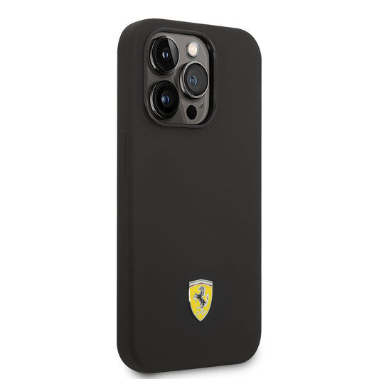 Apple iPhone 14 Pro Max Kılıf Ferrari M-safe Şarj Özellikli Silikon Metal Logo Dizayn Kapak Siyah