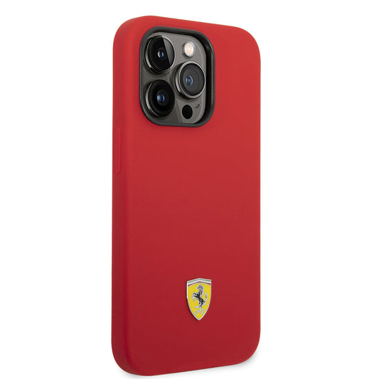 Apple iPhone 14 Pro Max Kılıf Ferrari M-safe Şarj Özellikli Silikon Metal Logo Dizayn Kapak Kırmızı
