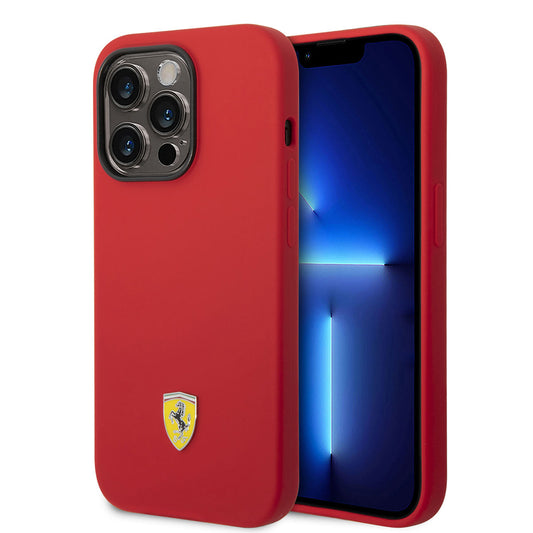 Apple iPhone 14 Pro Max Kılıf Ferrari M-safe Şarj Özellikli Silikon Metal Logo Dizayn Kapak Kırmızı