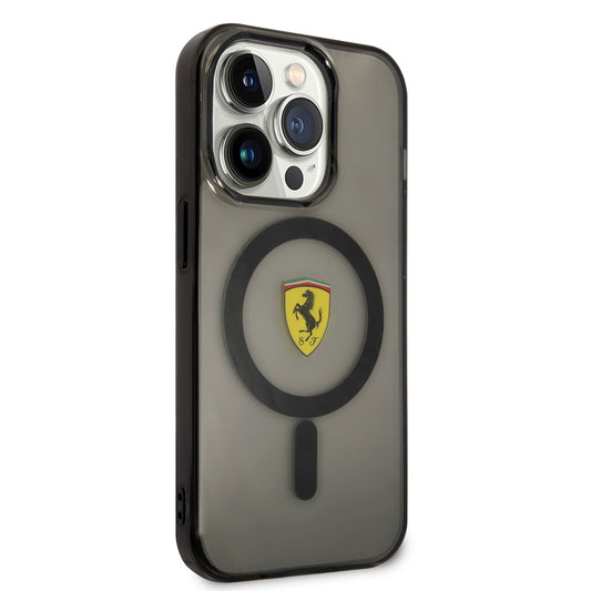 Apple iPhone 14 Pro Max Kılıf Ferrari M-safe Şarj Özellikli Yarı Transparan Dizayn Kapak Siyah