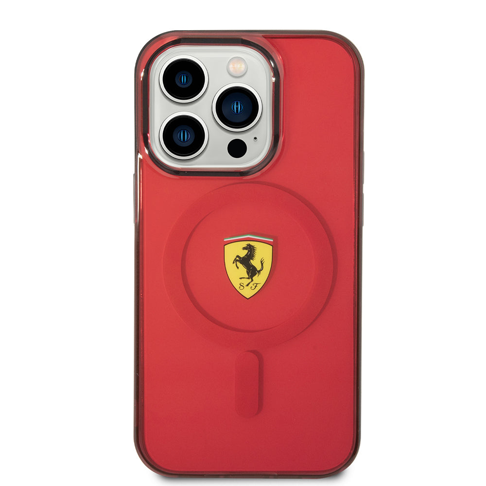 Apple iPhone 14 Pro Max Kılıf Ferrari M-safe Şarj Özellikli Yarı Transparan Dizayn Kapak Sarı