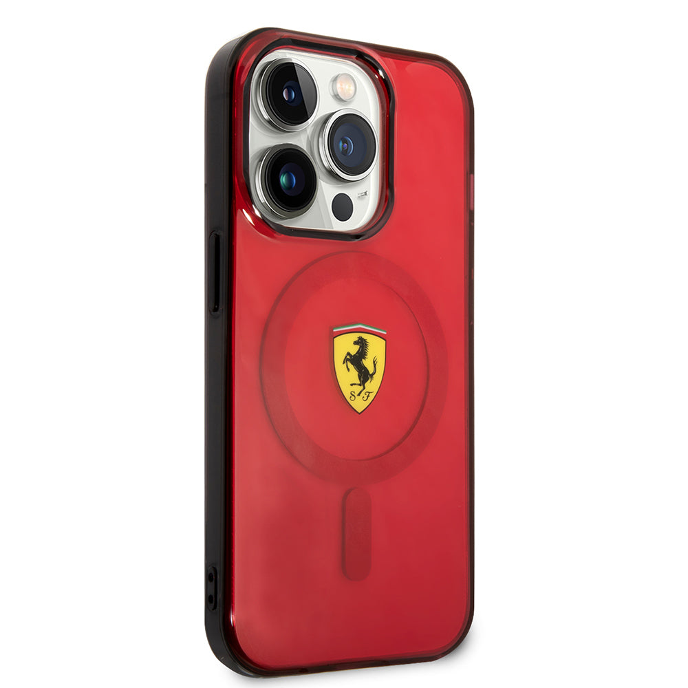 Apple iPhone 14 Pro Max Kılıf Ferrari M-safe Şarj Özellikli Yarı Transparan Dizayn Kapak Kırmızı
