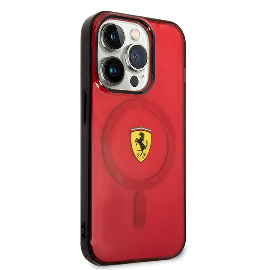 Apple iPhone 14 Pro Max Kılıf Ferrari M-safe Şarj Özellikli Yarı Transparan Dizayn Kapak Kırmızı