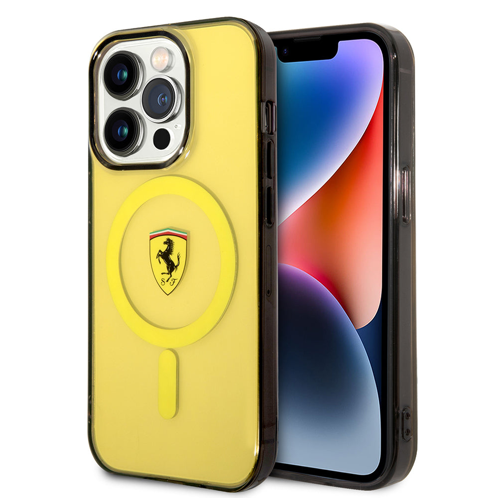 Apple iPhone 14 Pro Max Kılıf Ferrari M-safe Şarj Özellikli Yarı Transparan Dizayn Kapak Sarı