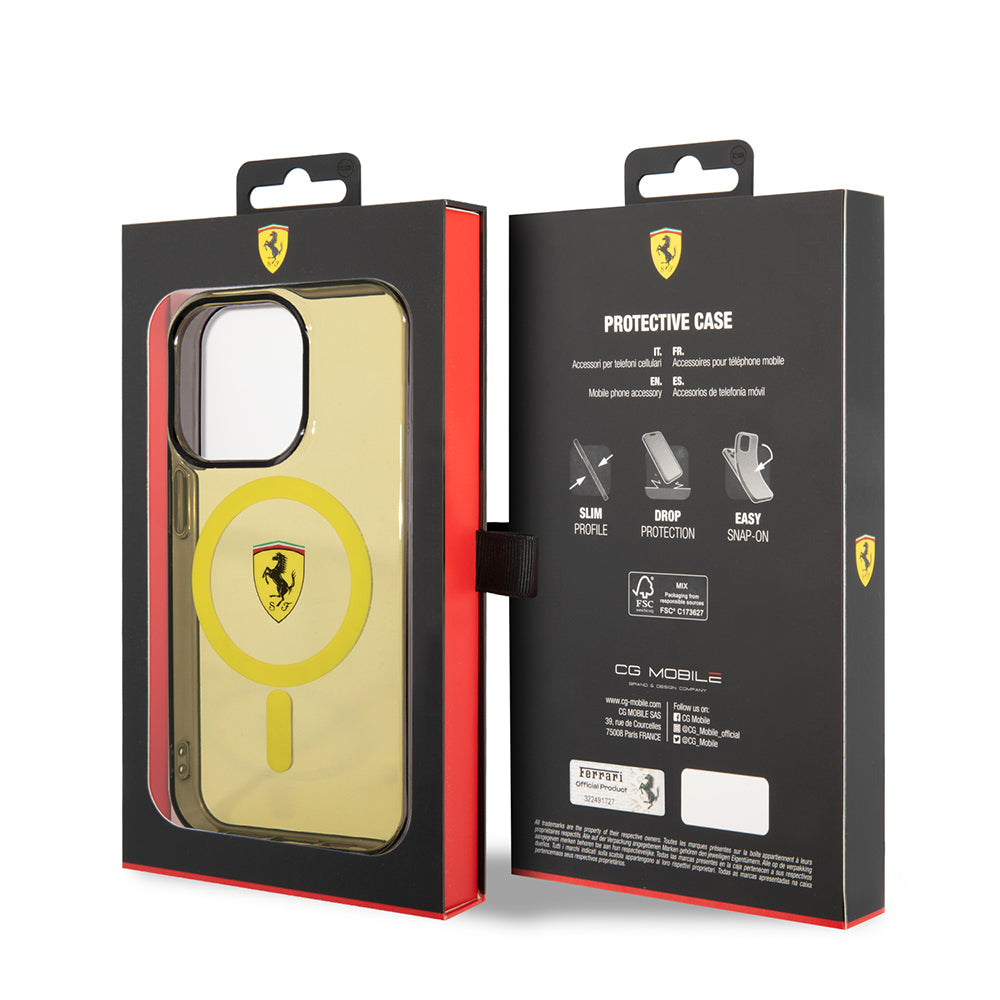 Apple iPhone 14 Pro Max Kılıf Ferrari M-safe Şarj Özellikli Yarı Transparan Dizayn Kapak Sarı