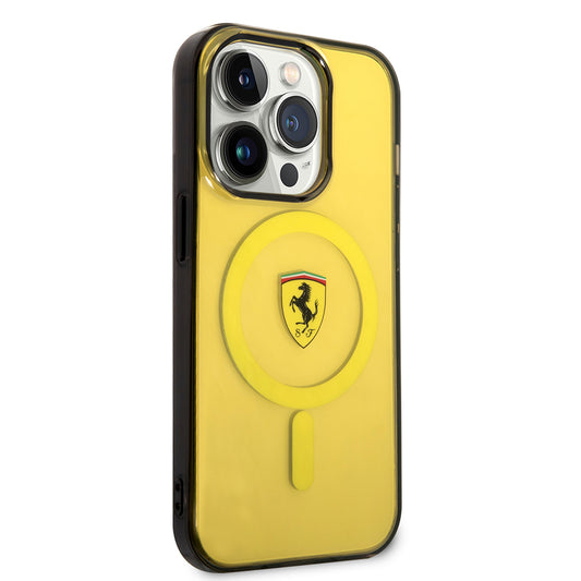 Apple iPhone 14 Pro Max Kılıf Ferrari M-safe Şarj Özellikli Yarı Transparan Dizayn Kapak Sarı