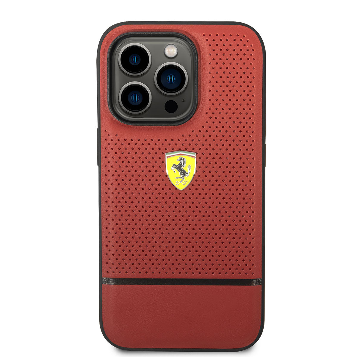 Apple iPhone 14 Pro Max Kılıf Ferrari Orjinal Lisanslı Deri Delikli Ve Çizgili Dizayn Kapak Kırmızı