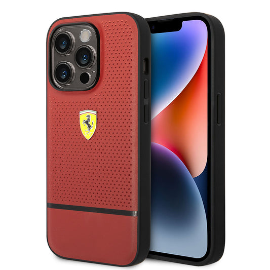 Apple iPhone 14 Pro Max Kılıf Ferrari Orjinal Lisanslı Deri Delikli Ve Çizgili Dizayn Kapak Kırmızı