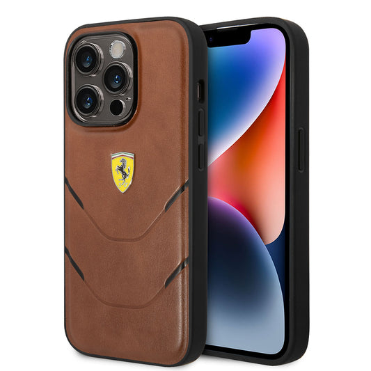 Apple iPhone 14 Pro Max Kılıf Ferrari Orjinal Lisanslı PU Deri Sıcak Baskı Çizgili Dizayn Kapak Kahverengi