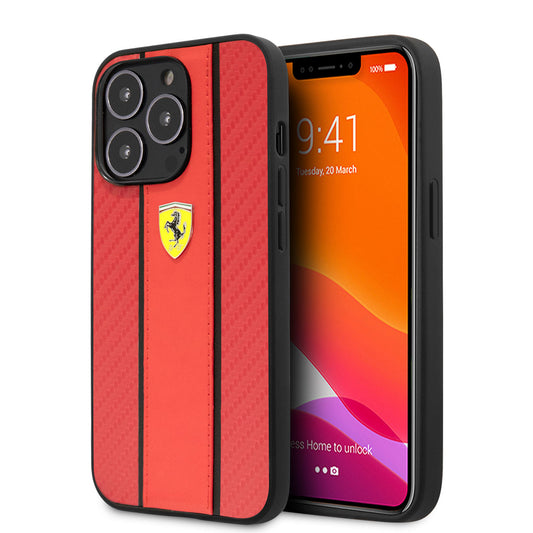 Apple iPhone 14 Pro Max Kılıf Ferrari PU Deri Ve Karbon Dizayn Kapak Kırmızı