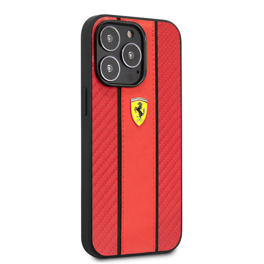 Apple iPhone 14 Pro Max Kılıf Ferrari PU Deri Ve Karbon Dizayn Kapak Kırmızı