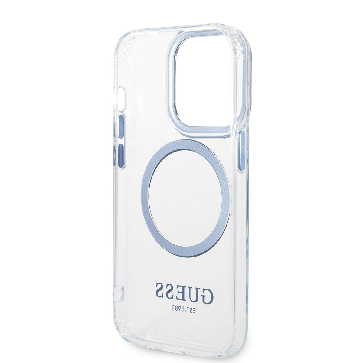 Apple iPhone 14 Pro Max Kılıf GUESS M-safe Şarj Özellikli Metal Kamera Çerçeveli Kapak Mavi