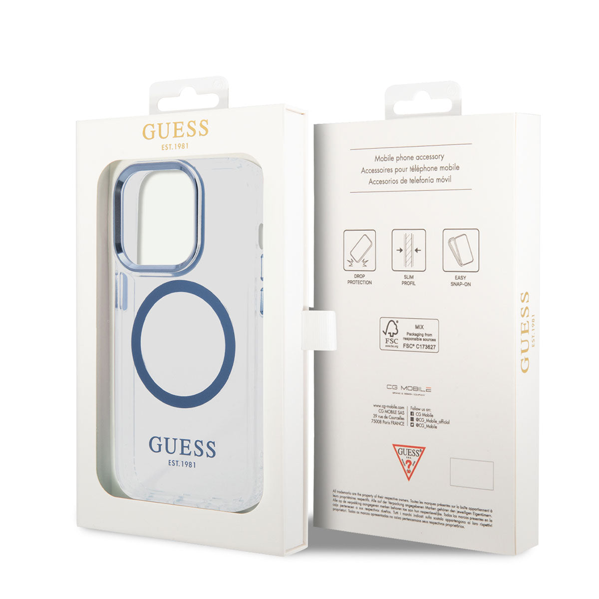 Apple iPhone 14 Pro Max Kılıf GUESS M-safe Şarj Özellikli Metal Kamera Çerçeveli Kapak Mavi