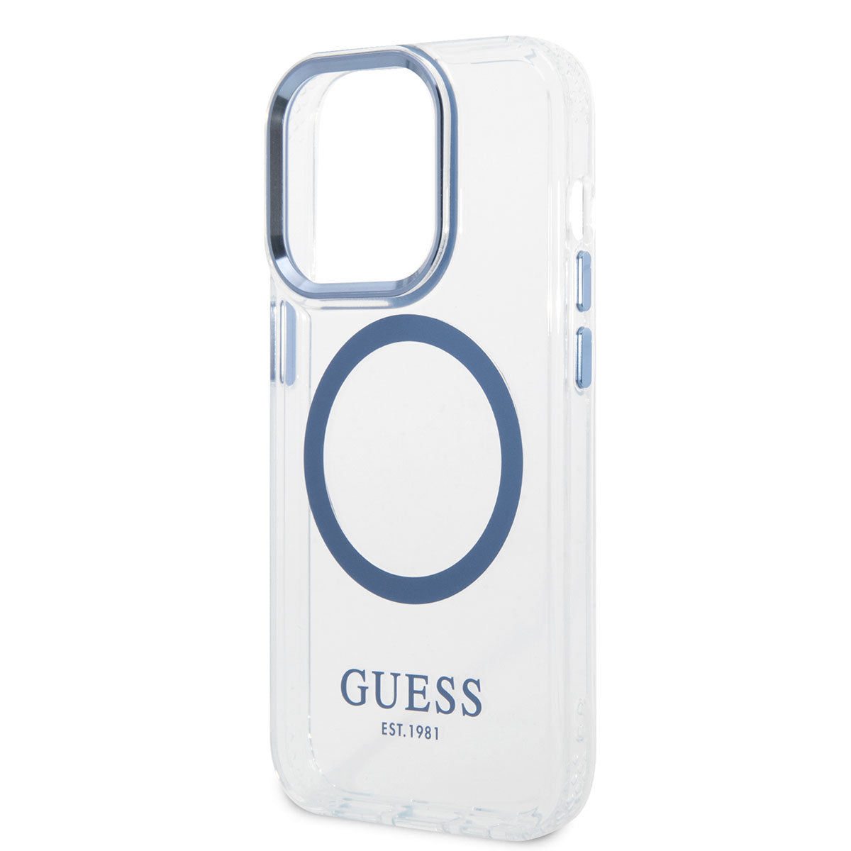 Apple iPhone 14 Pro Max Kılıf GUESS M-safe Şarj Özellikli Metal Kamera Çerçeveli Kapak Mavi