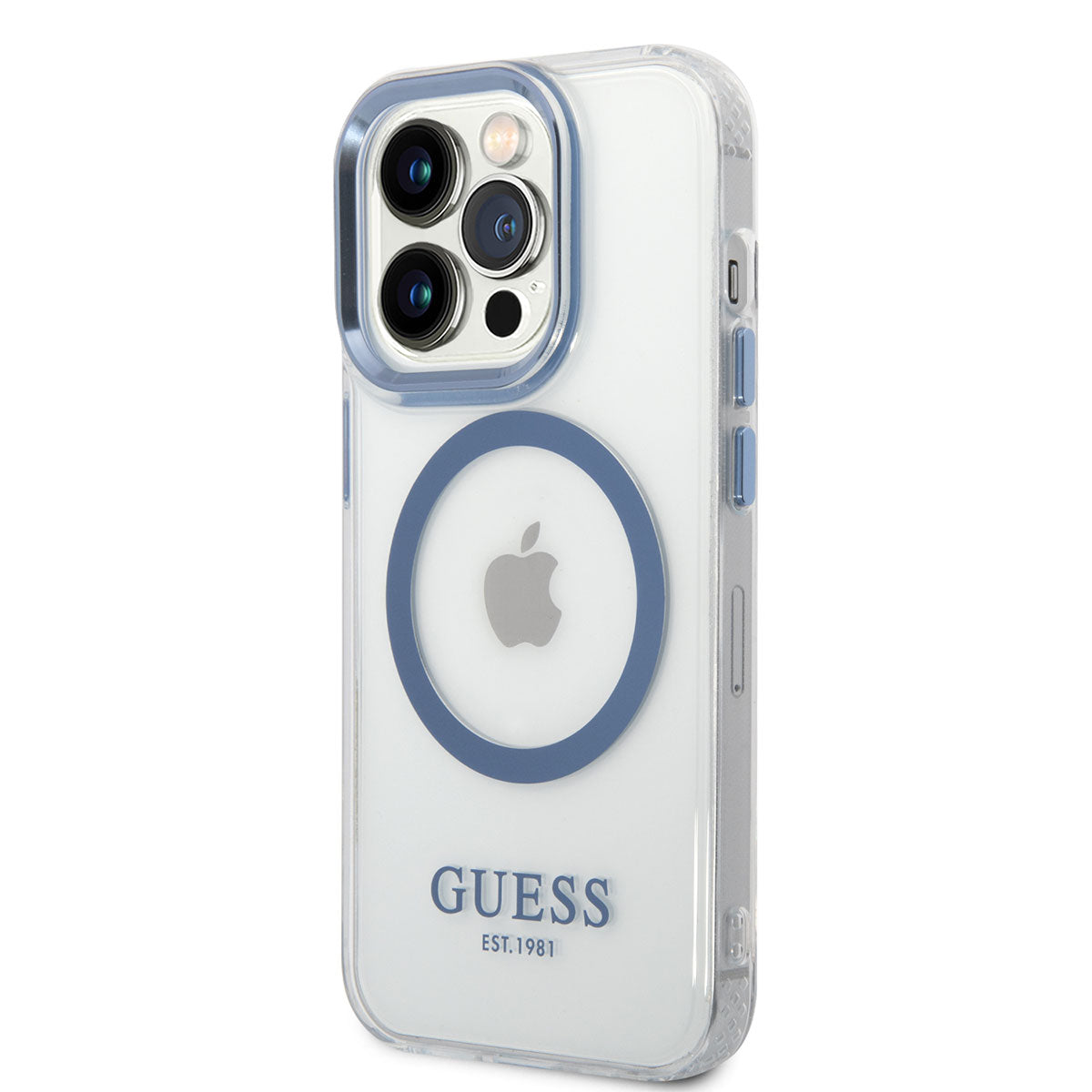 Apple iPhone 14 Pro Max Kılıf GUESS M-safe Şarj Özellikli Metal Kamera Çerçeveli Kapak Mavi