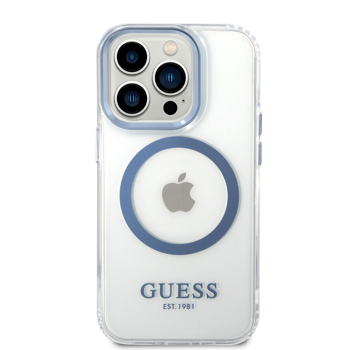 Apple iPhone 14 Pro Max Kılıf GUESS M-safe Şarj Özellikli Metal Kamera Çerçeveli Kapak Mavi