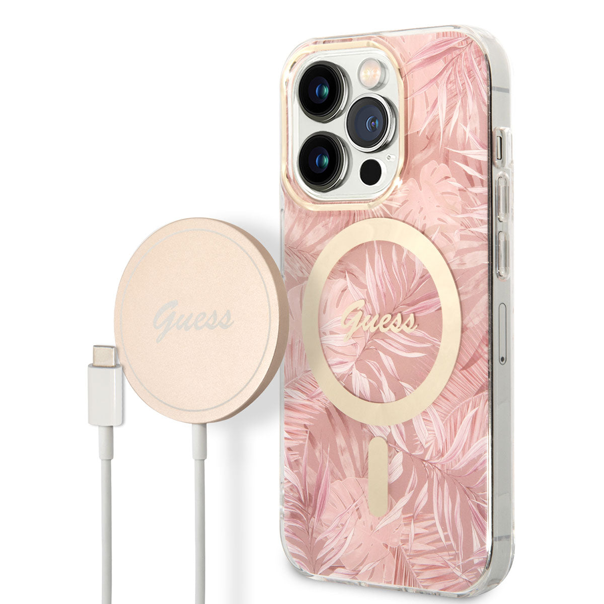 Apple iPhone 14 Pro Max Kılıf GUESS M-safe Şarj Özellikli Yaprak Desenli M-safe Şarj Kablolu Kapak Yeşil