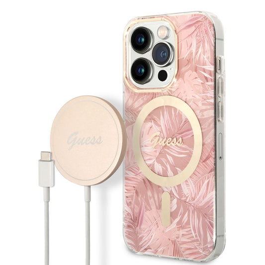 Apple iPhone 14 Pro Max Kılıf GUESS M-safe Şarj Özellikli Yaprak Desenli M-safe Şarj Kablolu Kapak Yeşil