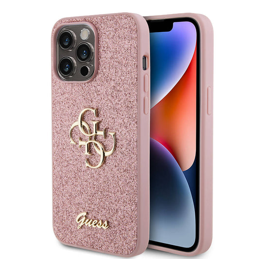 Apple iPhone 14 Pro Max Kılıf Guess Orjinal Lisanslı 4G Büyük Metal Logolu Glitter Kapak Pembe