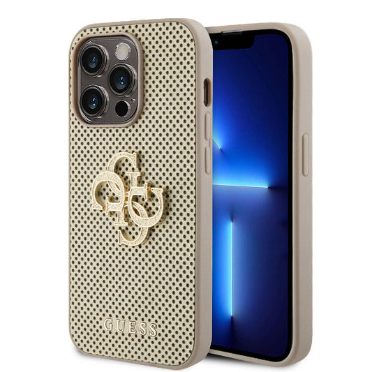 Apple iPhone 14 Pro Max Kılıf Guess Orjinal Lisanslı Delikli Yazı ve 4G Glitter Büyük Metal Logolu Kapak Gold