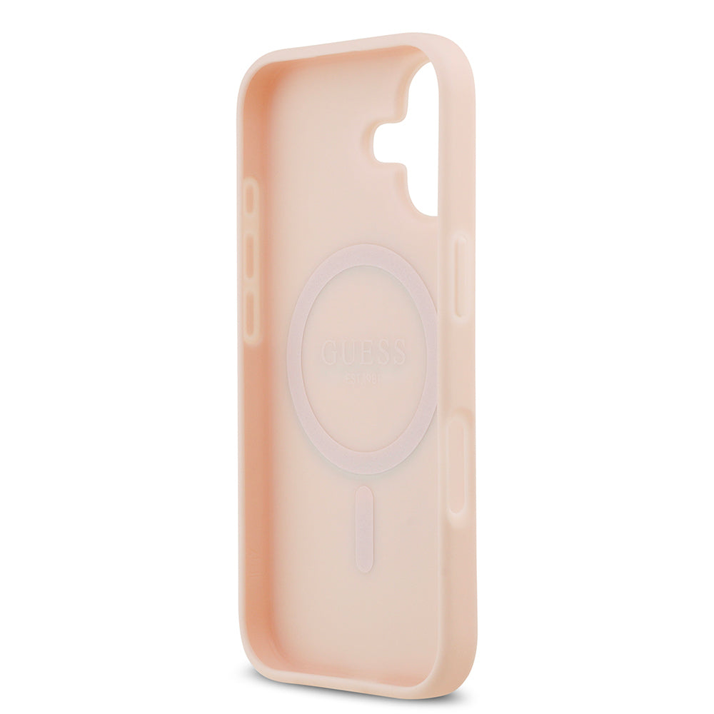 Apple iPhone 17 Kılıf Guess Orjinal Lisanslı M-safe Şarj Özellikli Taneli Çiçek Tasarımlı Metal Yazı Logolu Kapak Pembe