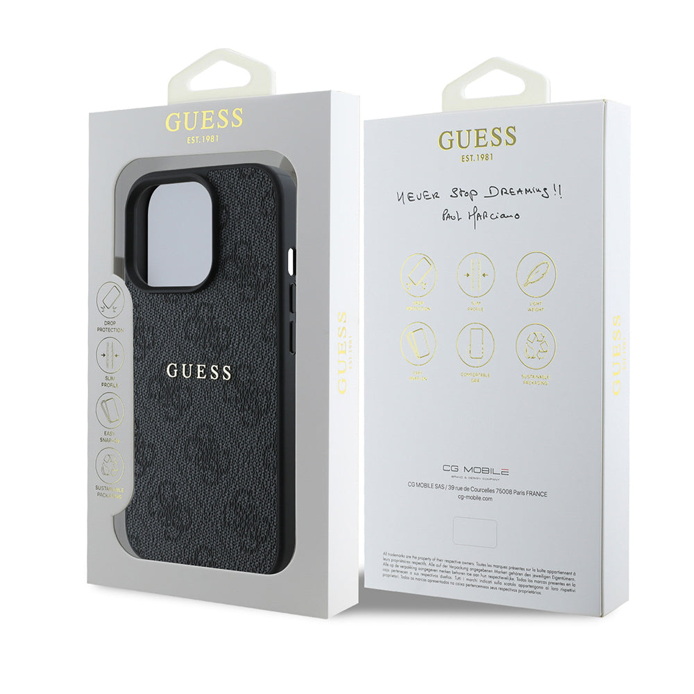 Apple iPhone 14 Pro Max Kılıf Guess Orjinal Lisanslı M-safe Şarj Özellikli 4G Desen Yazı Logolu Kapak Siyah