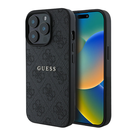 Apple iPhone 14 Pro Max Kılıf Guess Orjinal Lisanslı M-safe Şarj Özellikli 4G Desen Yazı Logolu Kapak Siyah