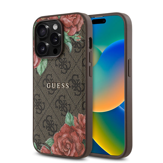 Apple iPhone 14 Pro Max Kılıf Guess Orjinal Lisanslı M-safe Şarj Özellikli Gül Baskılı 4G Desenli Yazı Logolu Kapak Siyah