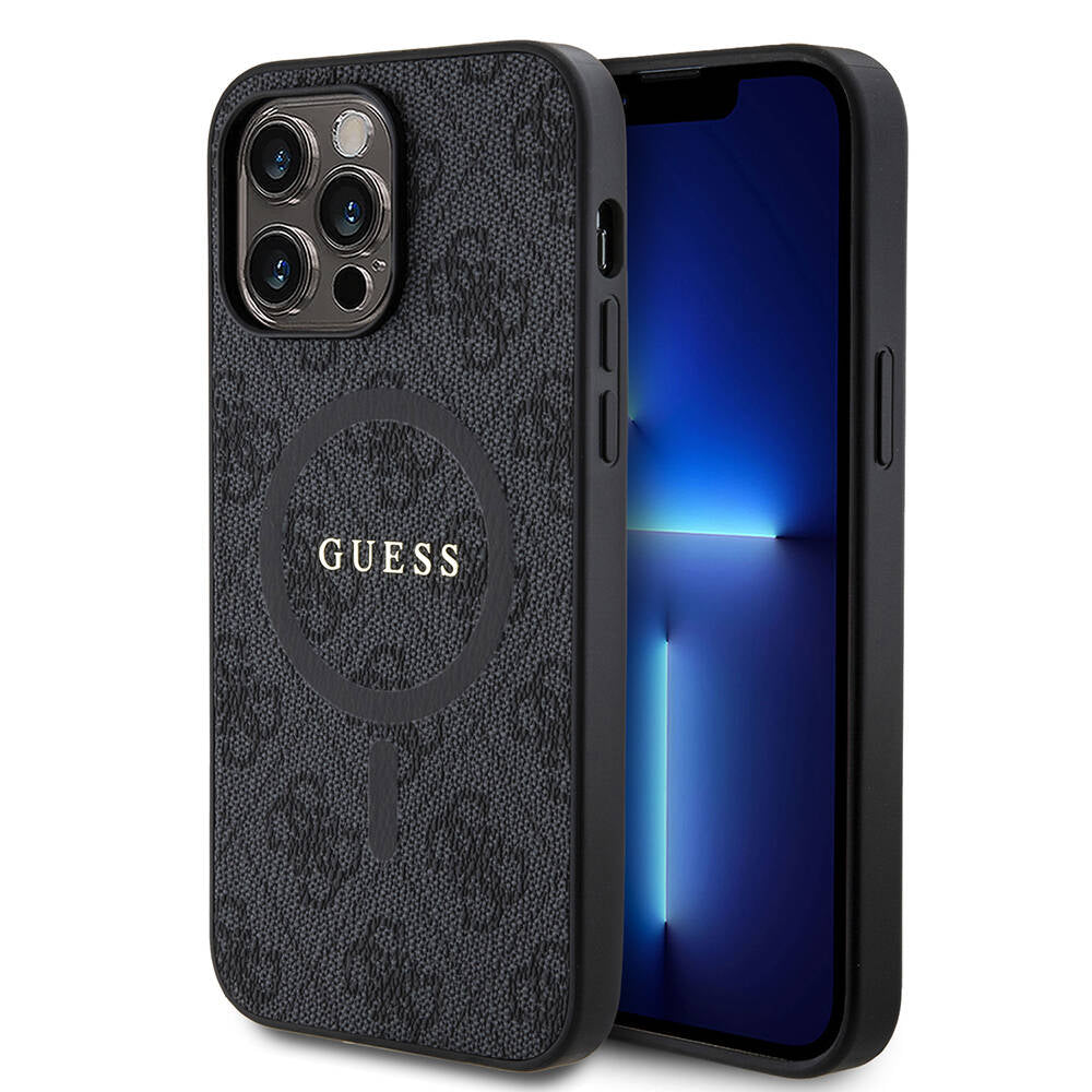 Apple iPhone 14 Pro Max Kılıf Guess Orjinal Lisanslı M-safe Şarj Özellikli PU Halkalı 4G Desenli Yazı Logolu Kapak Pembe