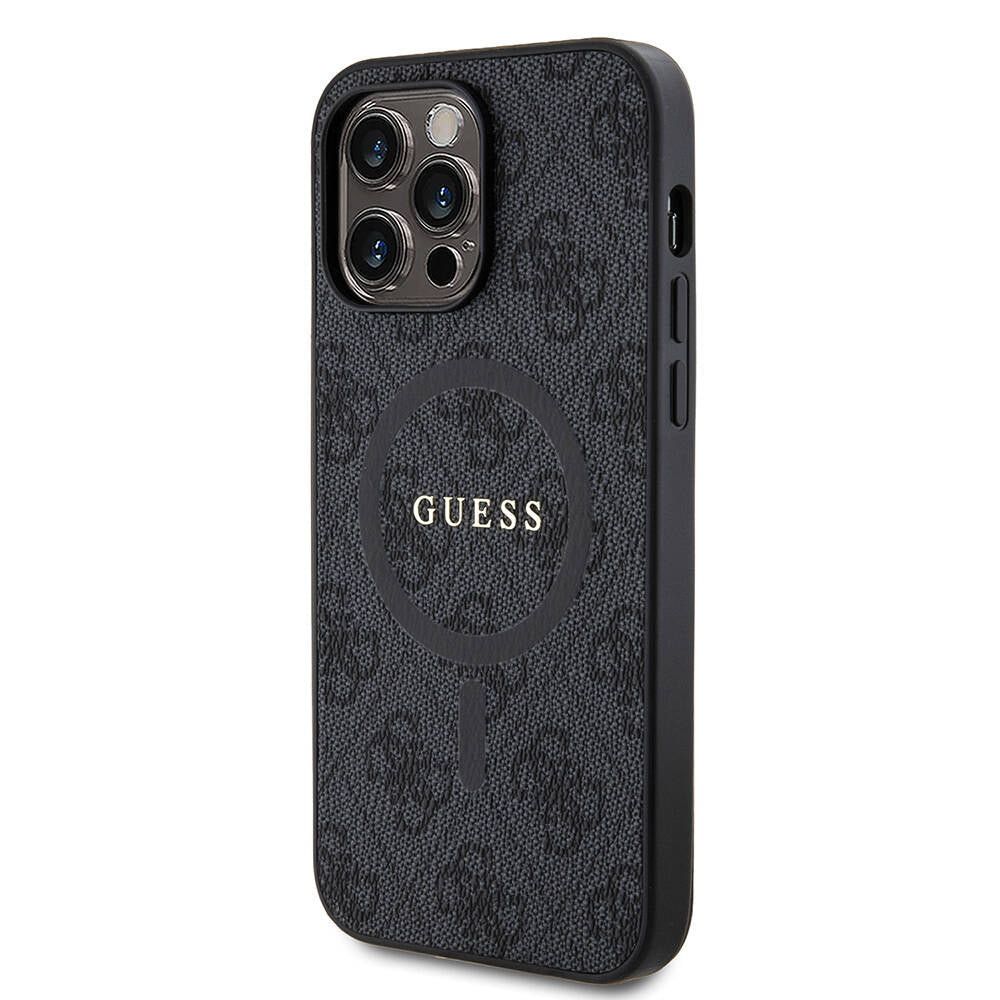 Apple iPhone 14 Pro Max Kılıf Guess Orjinal Lisanslı M-safe Şarj Özellikli PU Halkalı 4G Desenli Yazı Logolu Kapak Pembe