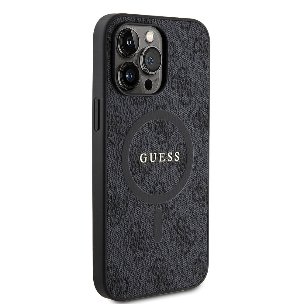 Apple iPhone 14 Pro Max Kılıf Guess Orjinal Lisanslı M-safe Şarj Özellikli PU Halkalı 4G Desenli Yazı Logolu Kapak Siyah