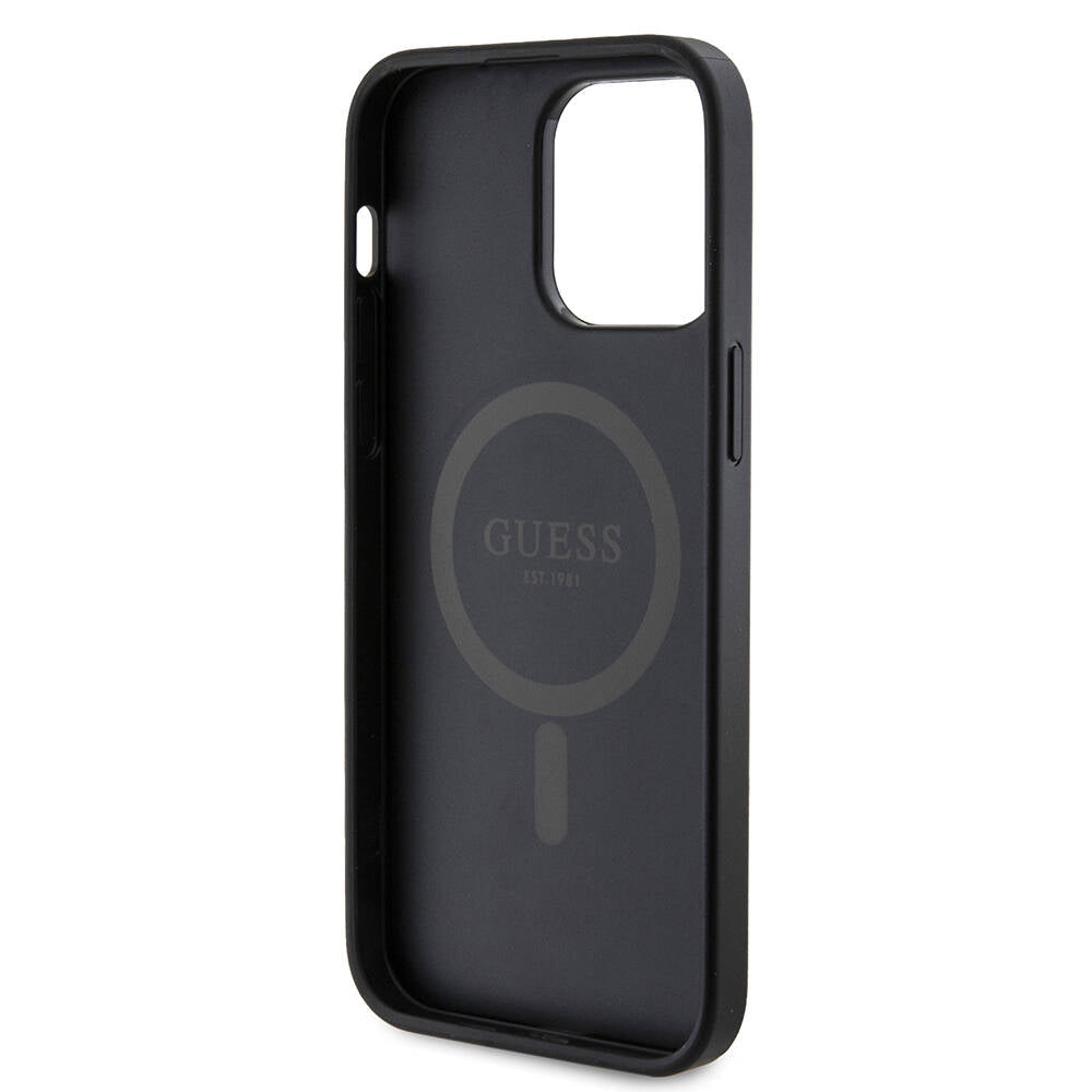 Apple iPhone 14 Pro Max Kılıf Guess Orjinal Lisanslı M-safe Şarj Özellikli PU Halkalı 4G Desenli Yazı Logolu Kapak Kahverengi