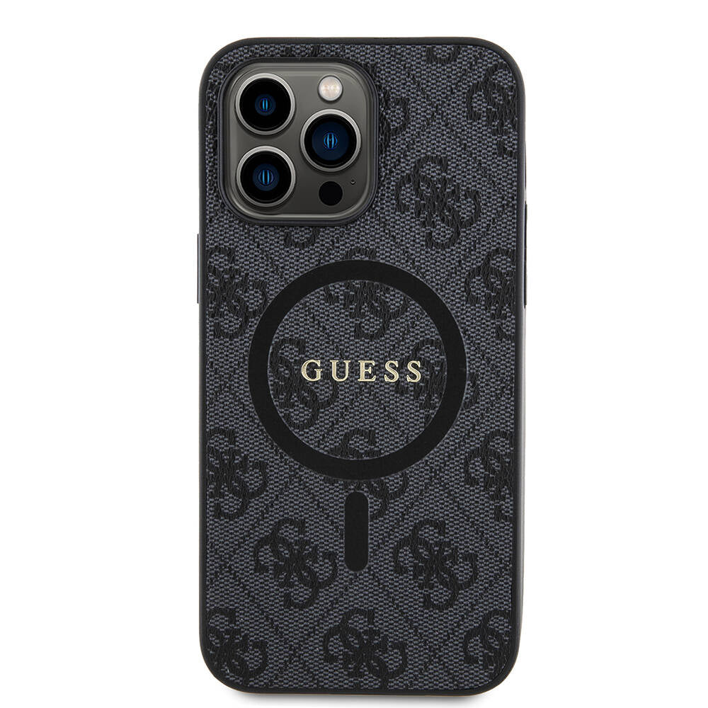 Apple iPhone 14 Pro Max Kılıf Guess Orjinal Lisanslı M-safe Şarj Özellikli PU Halkalı 4G Desenli Yazı Logolu Kapak Siyah
