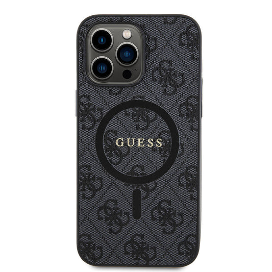Apple iPhone 14 Pro Max Kılıf Guess Orjinal Lisanslı M-safe Şarj Özellikli PU Halkalı 4G Desenli Yazı Logolu Kapak Siyah