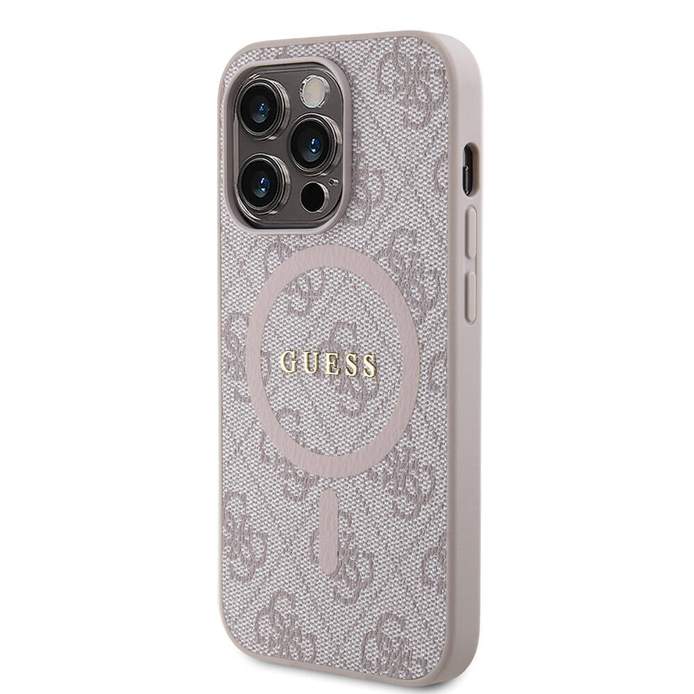 Apple iPhone 14 Pro Max Kılıf Guess Orjinal Lisanslı M-safe Şarj Özellikli PU Halkalı 4G Desenli Yazı Logolu Kapak Kahverengi